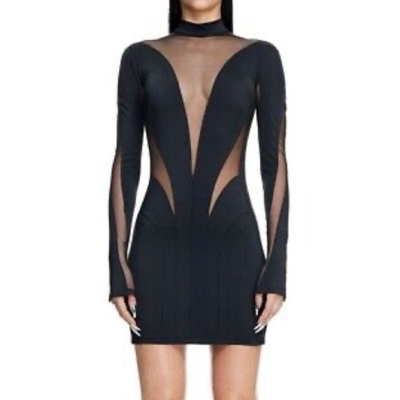 Mugler x H&M viral black mesh panel long sleeve mini dress - XL NWOT - Picture 3 of 6
